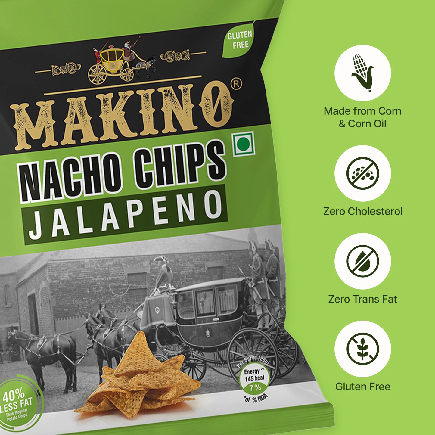 Makino Nacho Chips Jalapeno 60 gm| Pack of 120 pcs. | Bulk Pack for Retail | Tortilla Chips