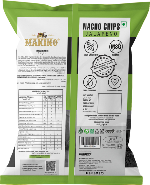Makino No Onion No Garlic Nacho Chips (Cheese, Jalapeno)(Each 60 gm)(Pack of 6)