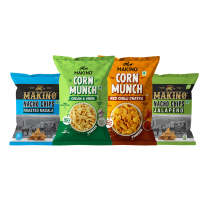 Makino Cornax (4 Assorted Corn Snacks)(Each 60 Jalapeno & Rosted masala /150 gm RCC & C&O)