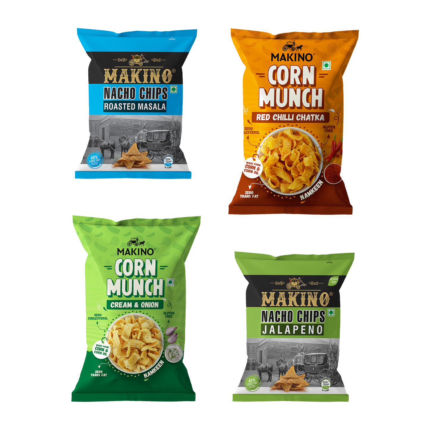 Makino Cornax (4 Assorted Corn Snacks)(Each 60 Jalapeno & Rosted masala /150 gm RCC & C&O)