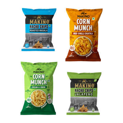 Makino Cornax (4 Assorted Corn Snacks)(Each 60 Jalapeno & Rosted masala /150 gm RCC & C&O)