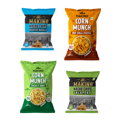 Makino Cornax (4 Assorted Corn Snacks)(Each 60 Jalapeno & Rosted masala /150 gm RCC & C&O)