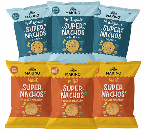 Makino Assorted Super Nachos (3 Multigrain Salted Super Nachos & 3 Millet Yogurt Masala Super Nachos) (Each 60 gm) (Pack of 6)