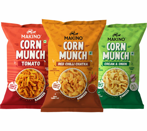 Makino Assorted Corn Munch (Cream & Onion, Red Chilli Chatka and Tomato) (Each 150 gm) (Pack of 3)