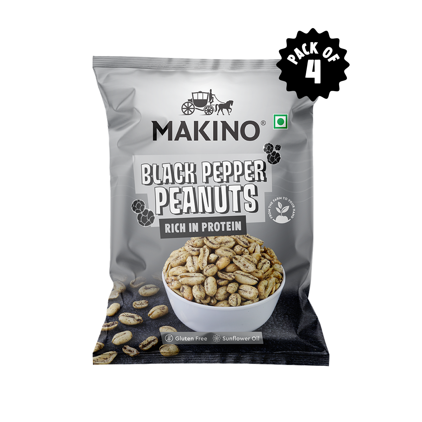 Makino Roasted Peanuts (Each 150 gm) (Pack of 4) (Black Pepper)
