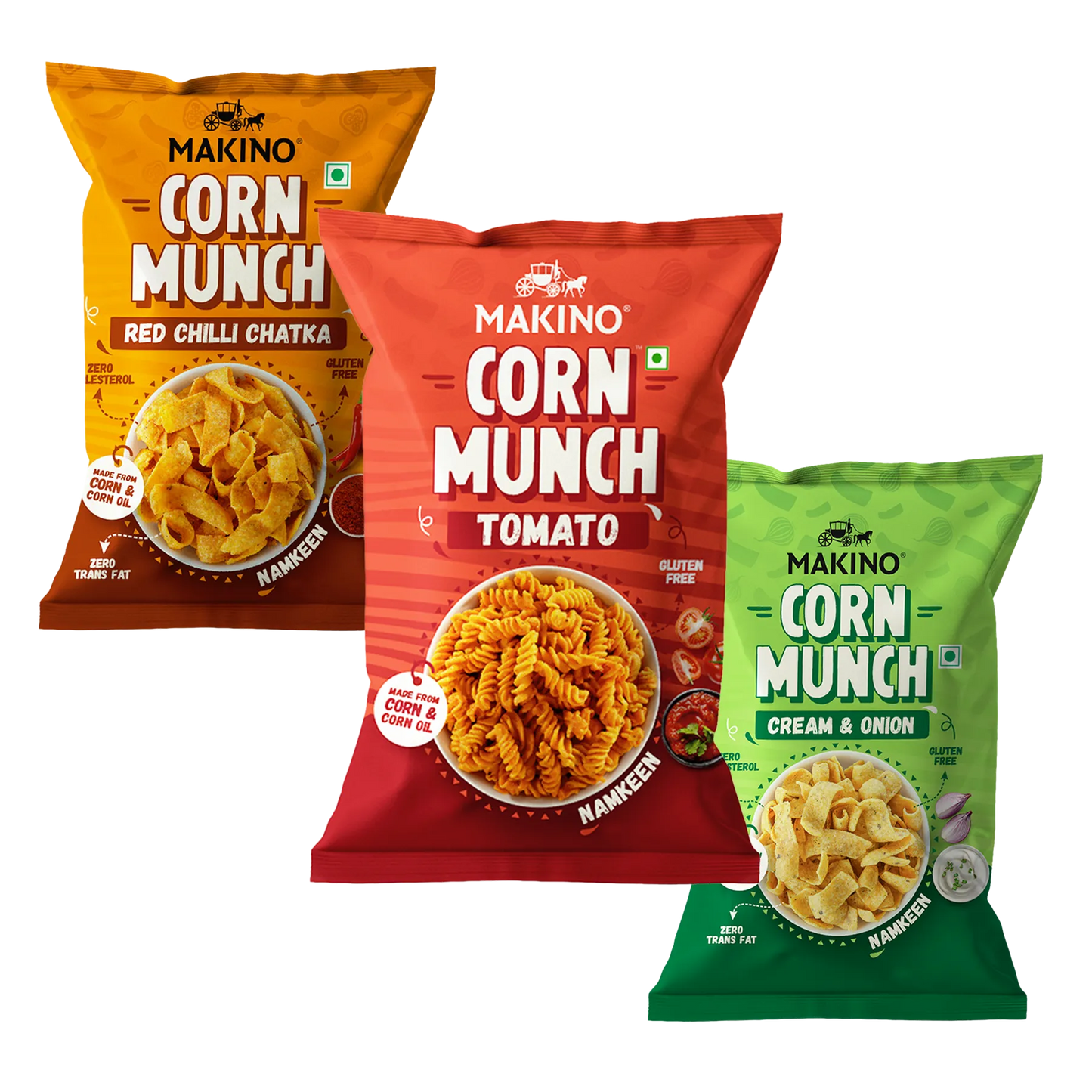 Makino Assorted Corn Munch (Cream & Onion, Red Chilli Chatka and Tomato) (Each 150 gm) (Pack of 3)