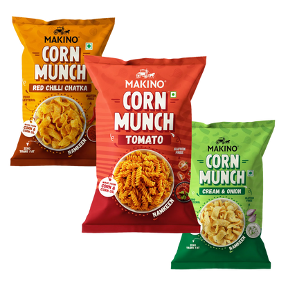 Makino Assorted Corn Munch (Cream & Onion, Red Chilli Chatka and Tomato) (Each 150 gm) (Pack of 3)