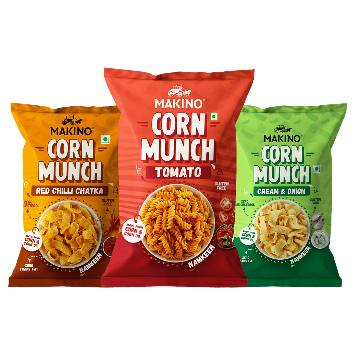 Makino Assorted Corn Munch (Cream & Onion, Red Chilli Chatka and Tomato) (Each 150 gm) (Pack of 3)