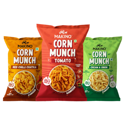 Makino Assorted Corn Munch (Cream & Onion, Red Chilli Chatka and Tomato) (Each 150 gm) (Pack of 3)