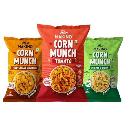 Makino Assorted Corn Munch (Cream & Onion, Red Chilli Chatka and Tomato) (Each 150 gm) (Pack of 3)
