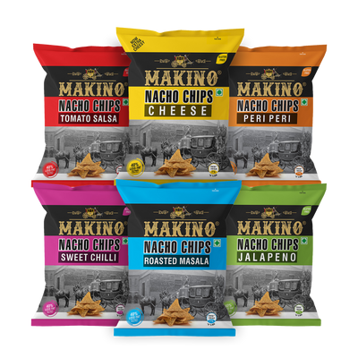 Makino Assorted Nachos (Cheese, Jalapeno, Sweet Chilli, Tomato Salsa, Peri Peri, Roasted Masala)(Each 60 gm)(Pack of 6)