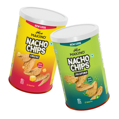 Makino Assorted Round & Stacked Nachos (Cheese, Jalapeno)(Each 107 gm)(Pack of 2)