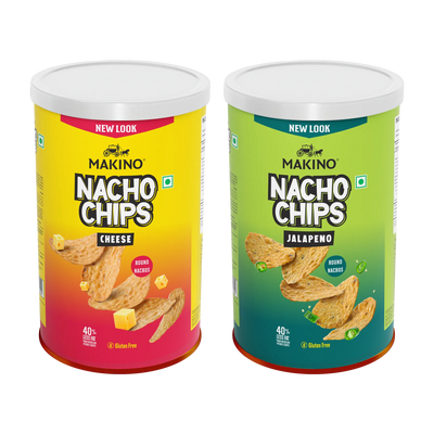 Makino Assorted Round & Stacked Nachos (Cheese, Jalapeno)(Each 107 gm)(Pack of 2)