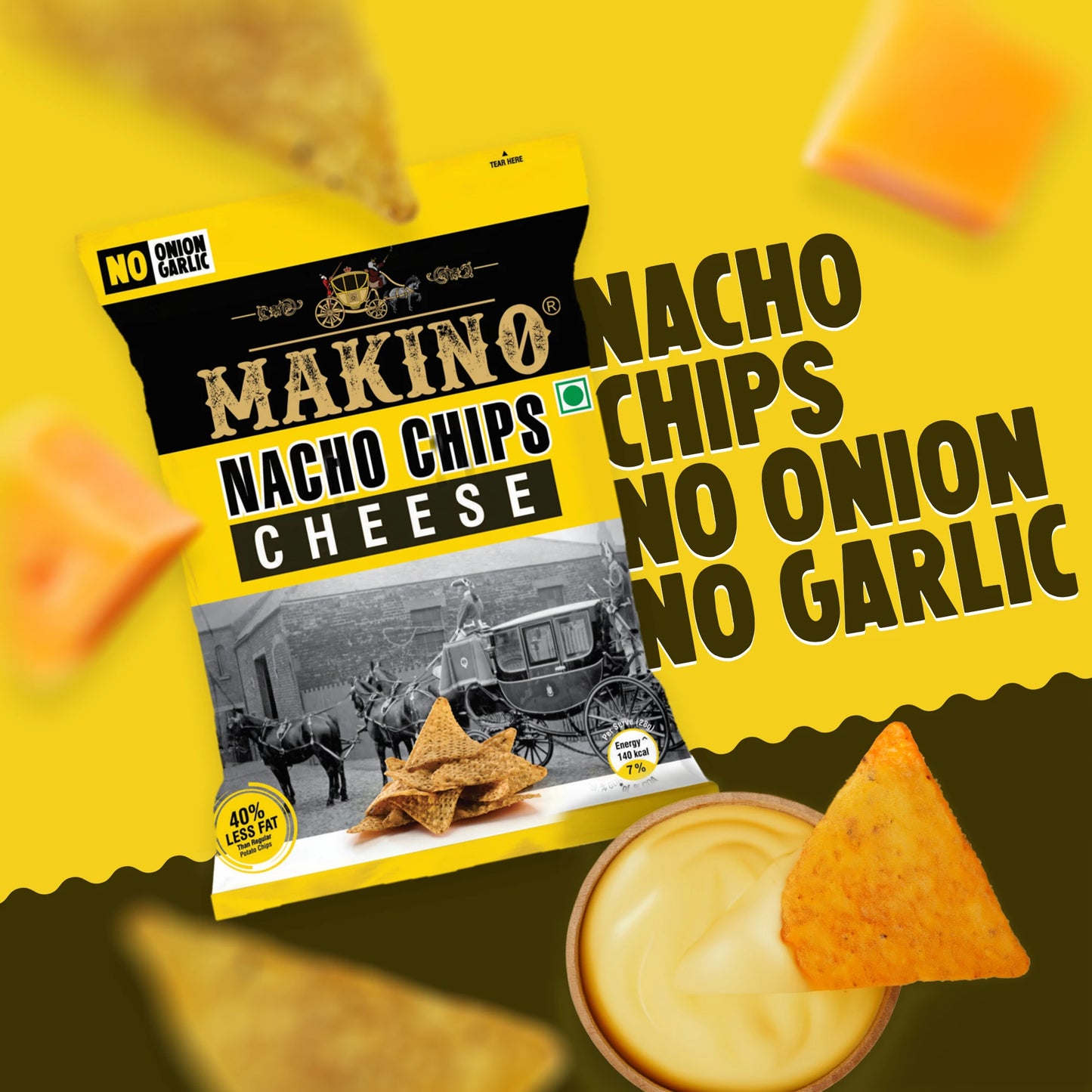 Makino No Onion No Garlic Nacho Chips (Cheese, Jalapeno)(Each 60 gm)(Pack of 6)