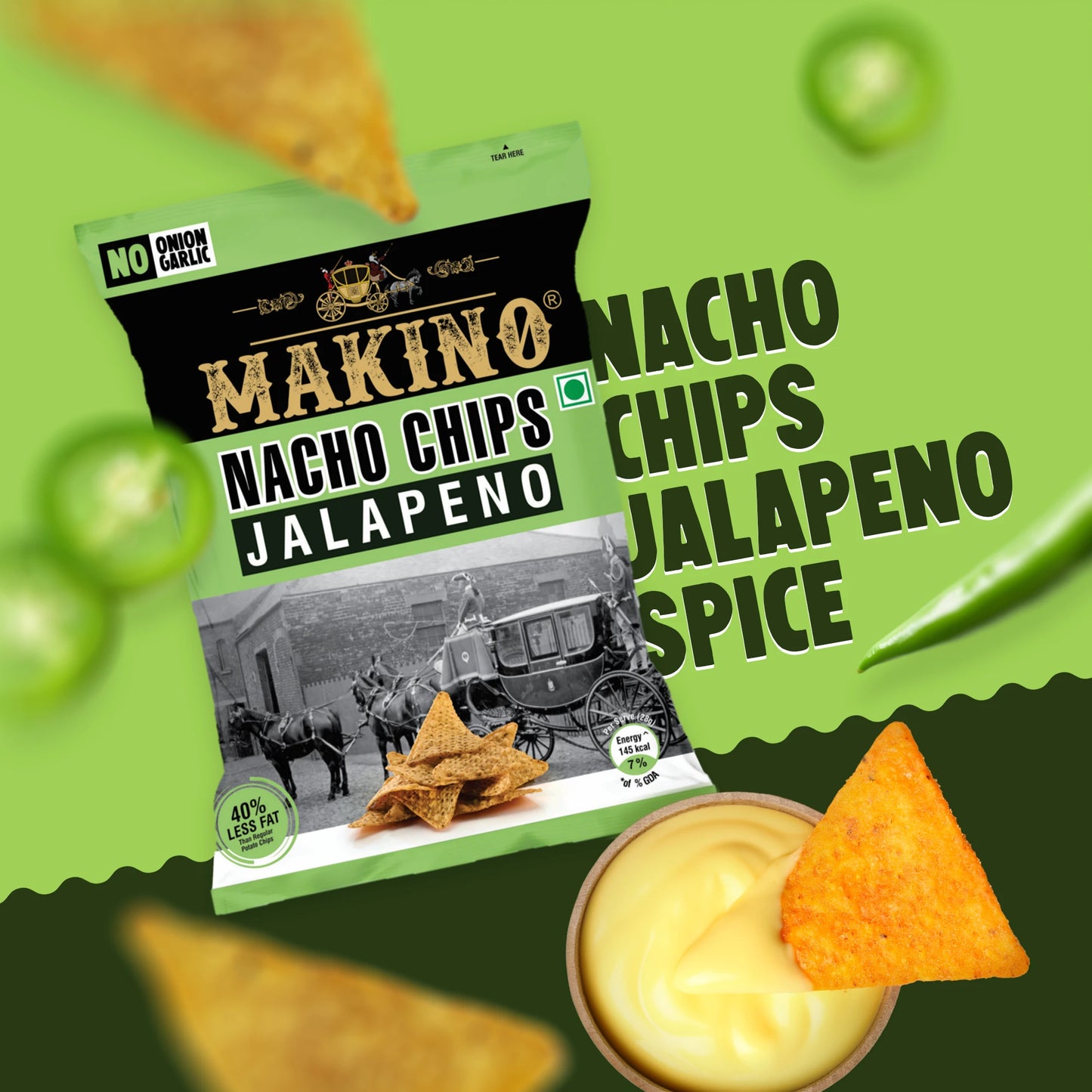 Makino No Onion No Garlic Nacho Chips (Cheese, Jalapeno)(Each 60 gm)(Pack of 6)