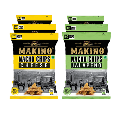 Makino No Onion No Garlic Nacho Chips (Cheese, Jalapeno)(Each 60 gm)(Pack of 6)