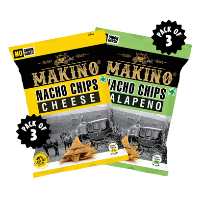 Makino No Onion No Garlic Nacho Chips (Cheese, Jalapeno)(Each 60 gm)(Pack of 6)