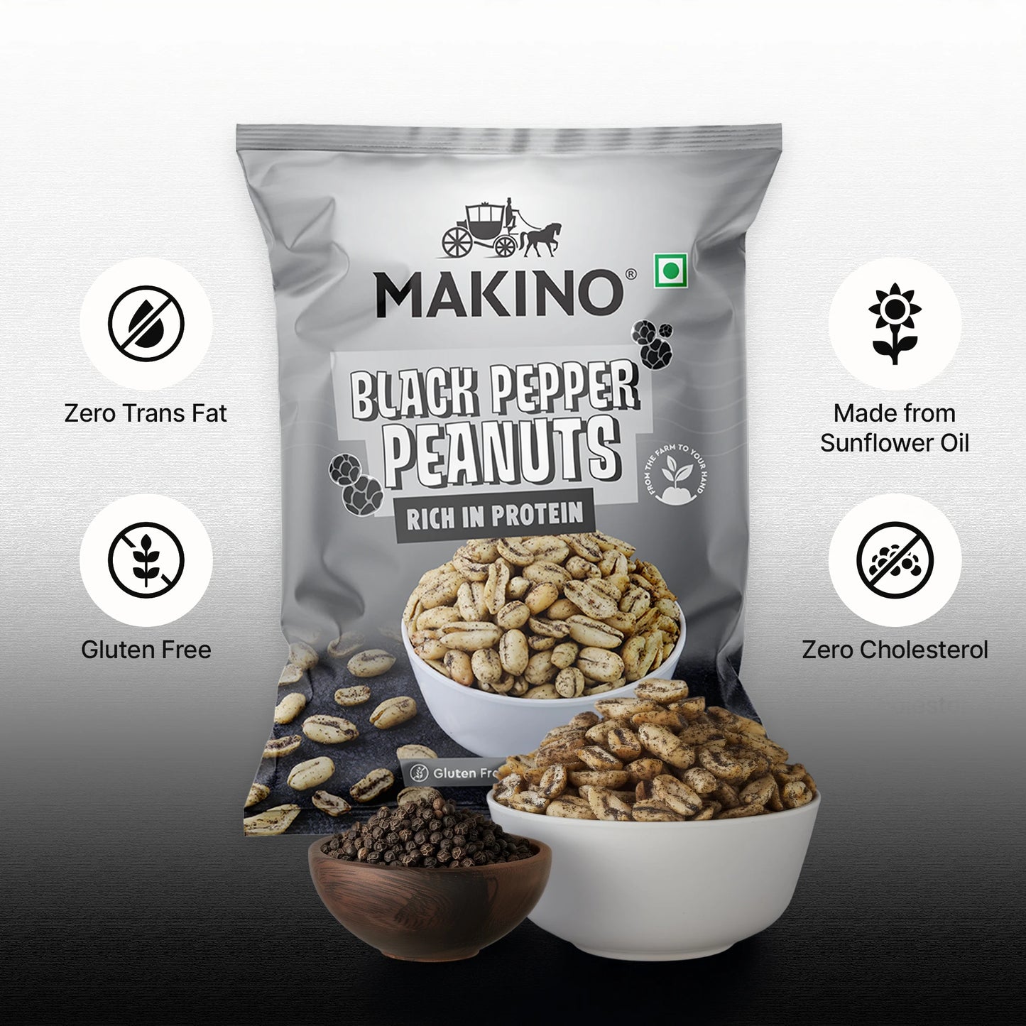 Makino Assorted Roasted Peanuts | Each 43gm | Pack of 5 | Tandoori, Nimboo Pudina, Hing Jeera, Black Pepper, Garlic, Salted | Total 215g | Flavoured Peanuts | Super Crunchy