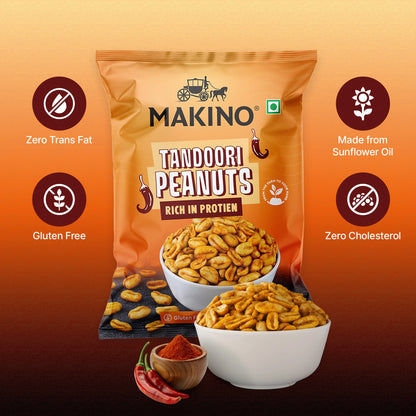 Makino Assorted Roasted Peanuts | Each 43gm | Pack of 5 | Tandoori, Nimboo Pudina, Hing Jeera, Black Pepper, Garlic, Salted | Total 215g | Flavoured Peanuts | Super Crunchy