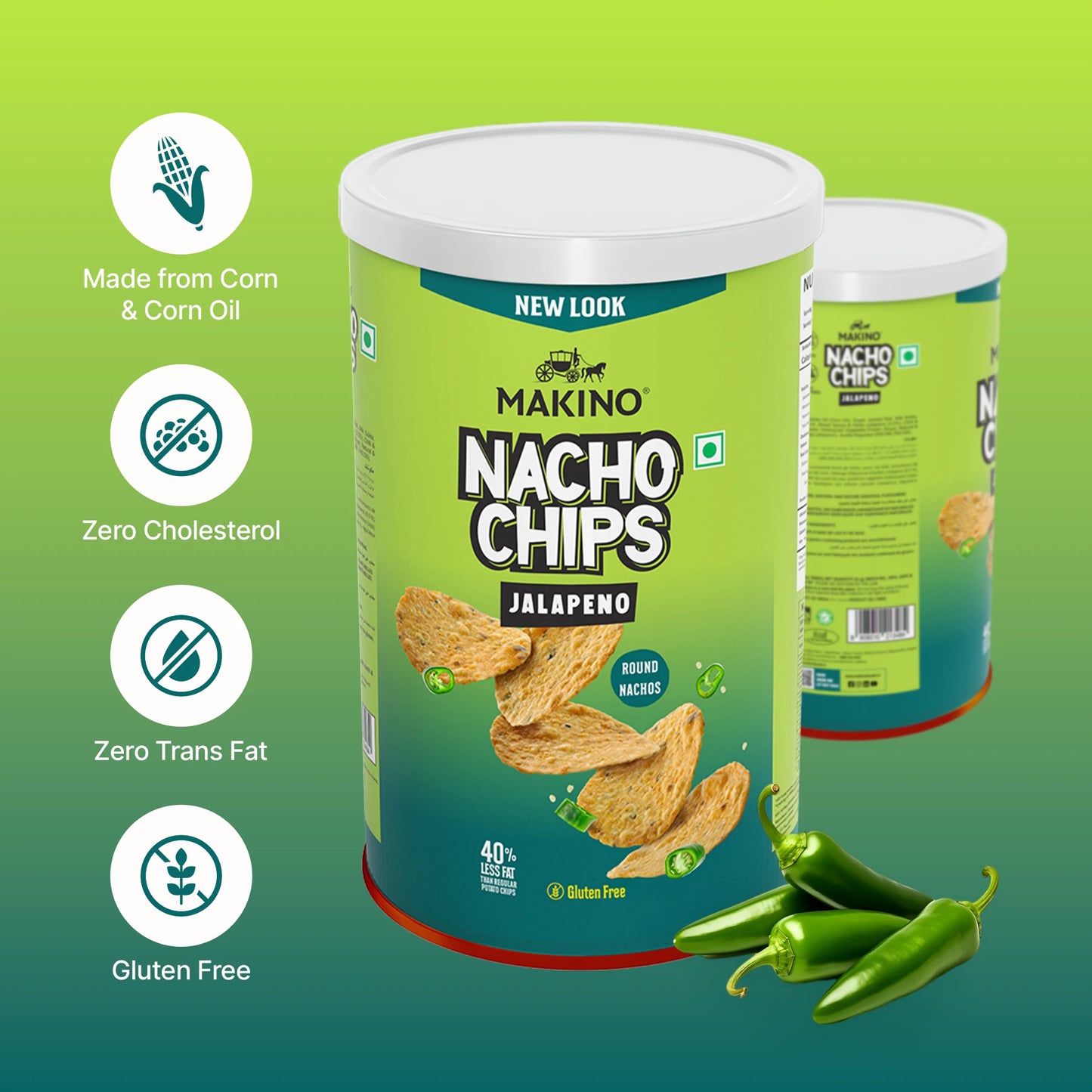 Makino Assorted Round & Stacked Nachos (Cheese, Jalapeno)(Each 107 gm)(Pack of 2)