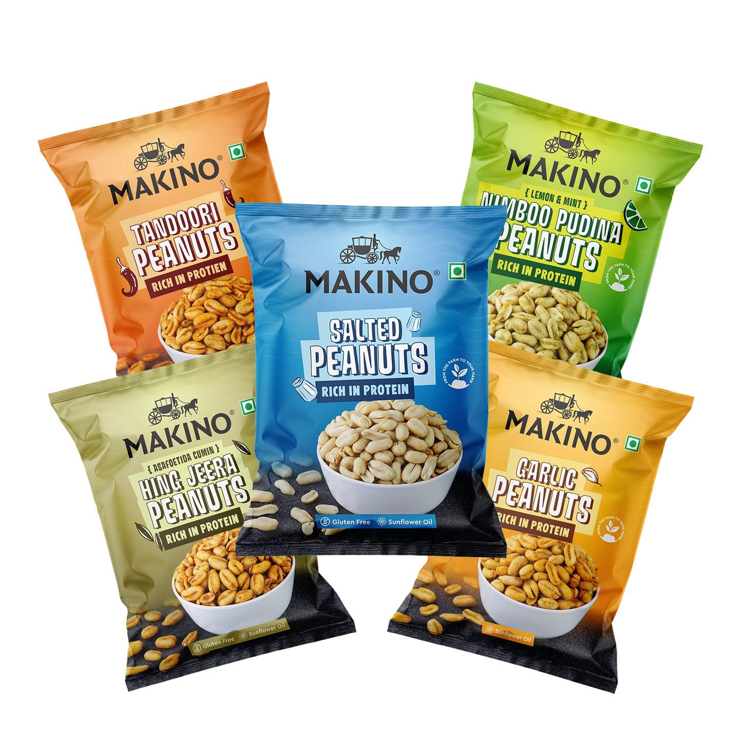 Makino Assorted Roasted Peanuts | Each 43gm | Pack of 5 | Tandoori, Nimboo Pudina, Hing Jeera, Black Pepper, Garlic, Salted | Total 215g | Flavoured Peanuts | Super Crunchy