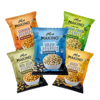 Makino Assorted Roasted Peanuts | Each 43gm | Pack of 5 | Tandoori, Nimboo Pudina, Hing Jeera, Black Pepper, Garlic, Salted | Total 215g | Flavoured Peanuts | Super Crunchy