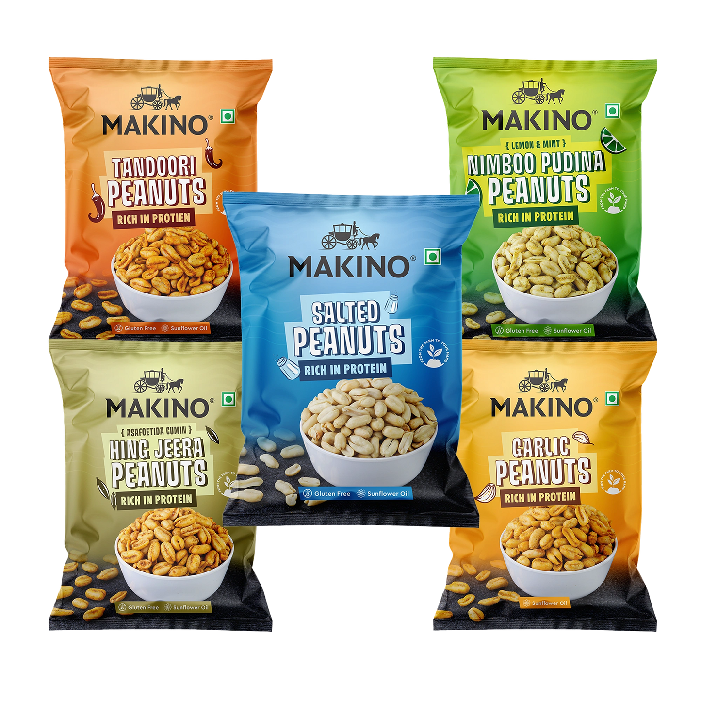 Makino Assorted Roasted Peanuts | Each 43gm | Pack of 5 | Tandoori, Nimboo Pudina, Hing Jeera, Black Pepper, Garlic, Salted | Total 215g | Flavoured Peanuts | Super Crunchy