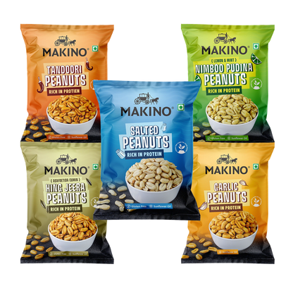 Makino Assorted Roasted Peanuts | Each 43gm | Pack of 5 | Tandoori, Nimboo Pudina, Hing Jeera, Black Pepper, Garlic, Salted | Total 215g | Flavoured Peanuts | Super Crunchy