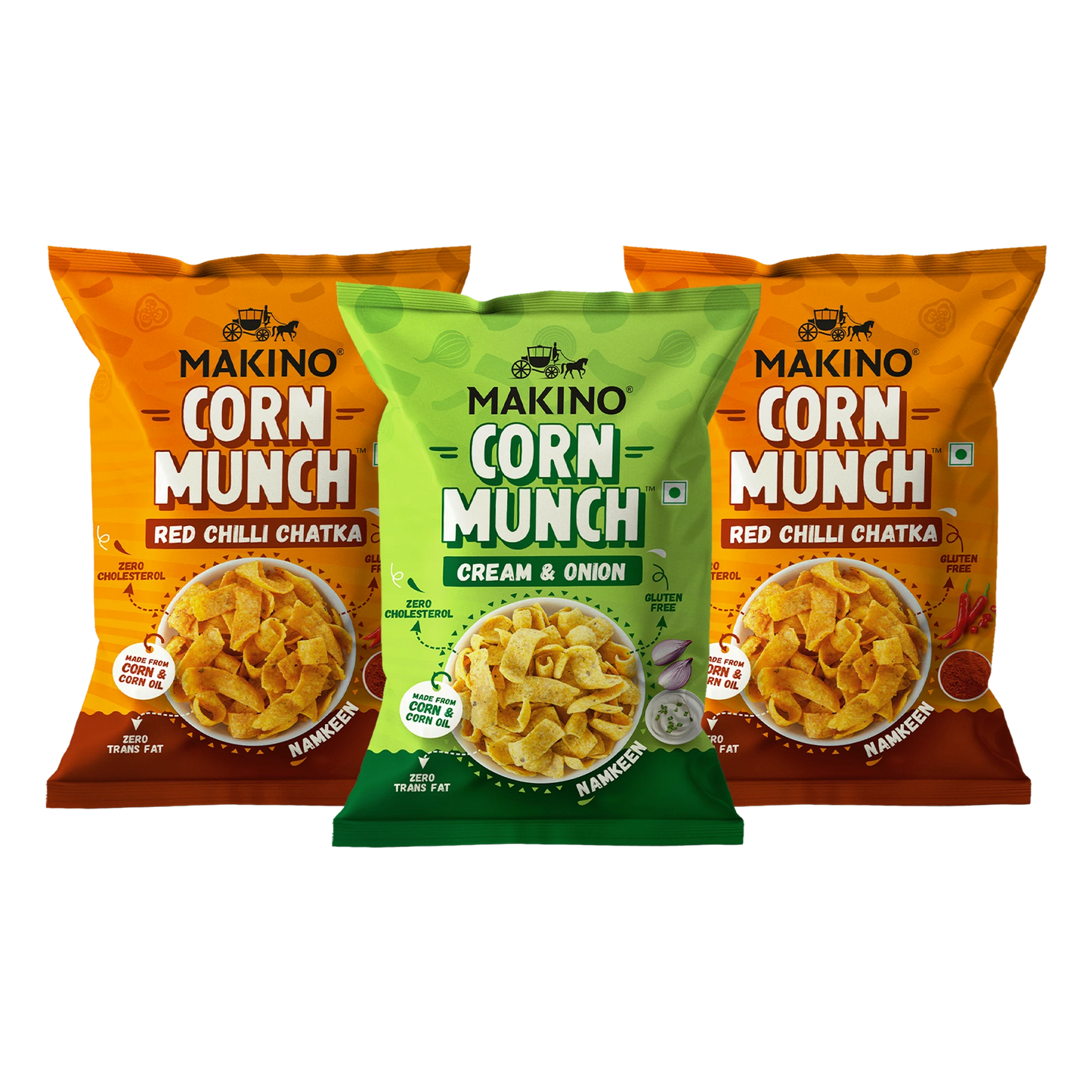Makino Assorted Corn Munch ( 1 Cream & Onion, 2 Red Chilli Chatka)(Each 150 gm)(Pack of 3)