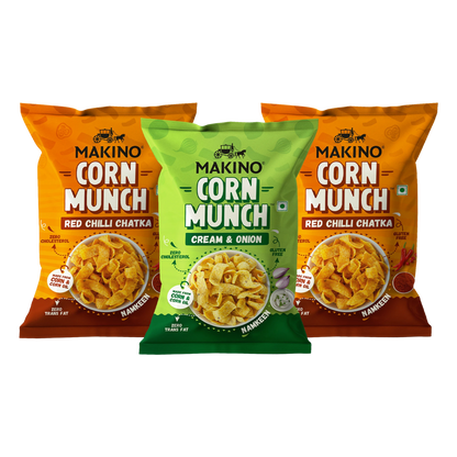 Makino Assorted Corn Munch ( 1 Cream & Onion, 2 Red Chilli Chatka)(Each 150 gm)(Pack of 3)