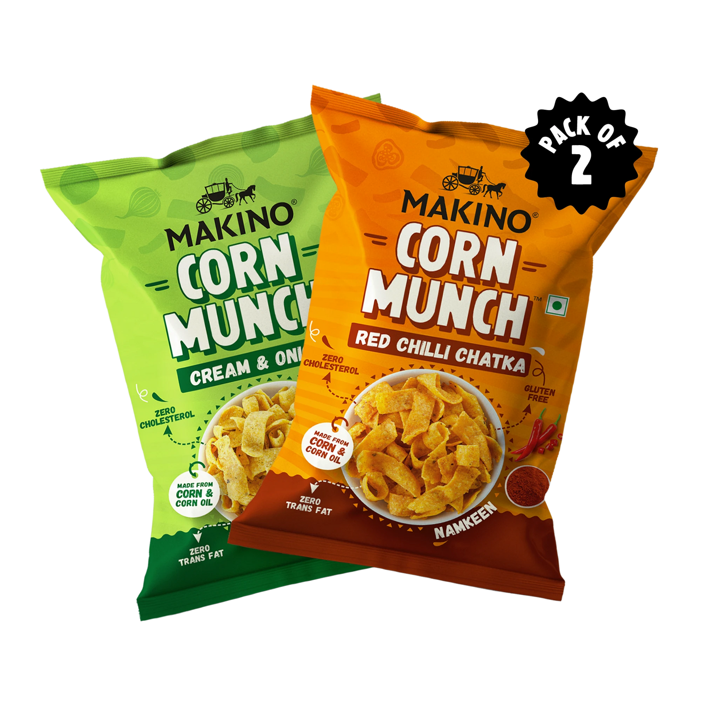 Makino Assorted Corn Munch ( 1 Cream & Onion, 2 Red Chilli Chatka)(Each 150 gm)(Pack of 3)