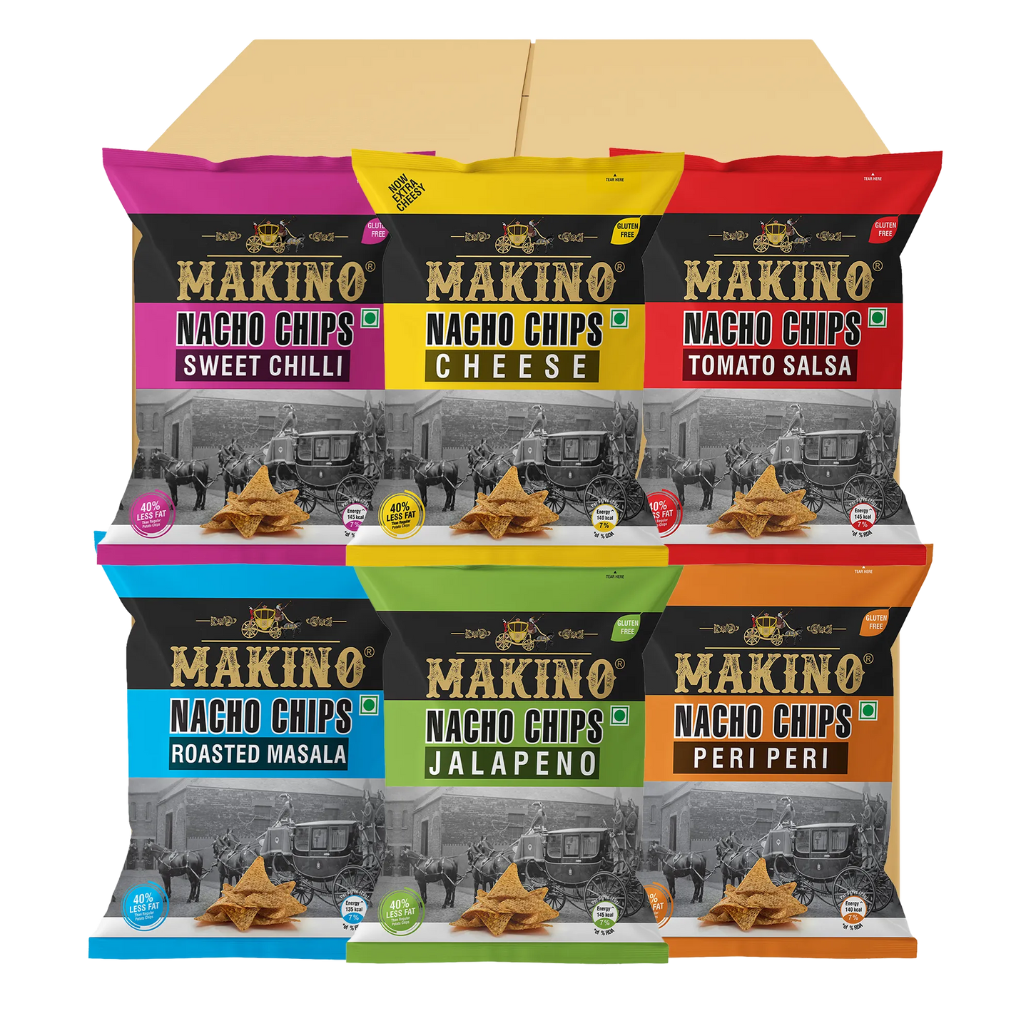 Makino Assorted Nacho Chips 60 gm | Pack of 120 pcs. | Bulk Pack for Retail | (Cheese, Jalapeno, Sweet Chilli, Tomato Salsa, Peri Peri, Roasted Masala)