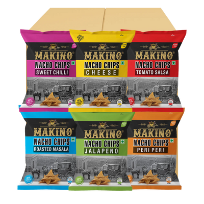 Makino Assorted Nacho Chips 60 gm | Pack of 120 pcs. | Bulk Pack for Retail | (Cheese, Jalapeno, Sweet Chilli, Tomato Salsa, Peri Peri, Roasted Masala)