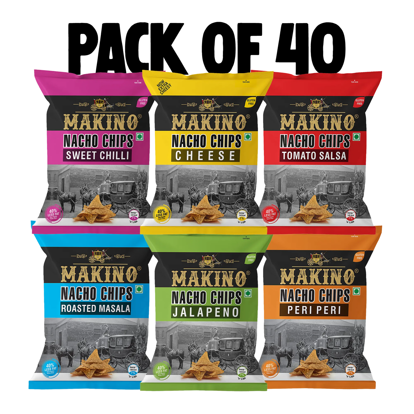 Makino Assorted Nacho Chips 60 gm | Pack of 120 pcs. | Bulk Pack for Retail | (Cheese, Jalapeno, Sweet Chilli, Tomato Salsa, Peri Peri, Roasted Masala)
