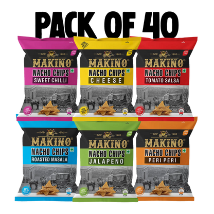 Makino Assorted Nacho Chips 60 gm | Pack of 120 pcs. | Bulk Pack for Retail | (Cheese, Jalapeno, Sweet Chilli, Tomato Salsa, Peri Peri, Roasted Masala)