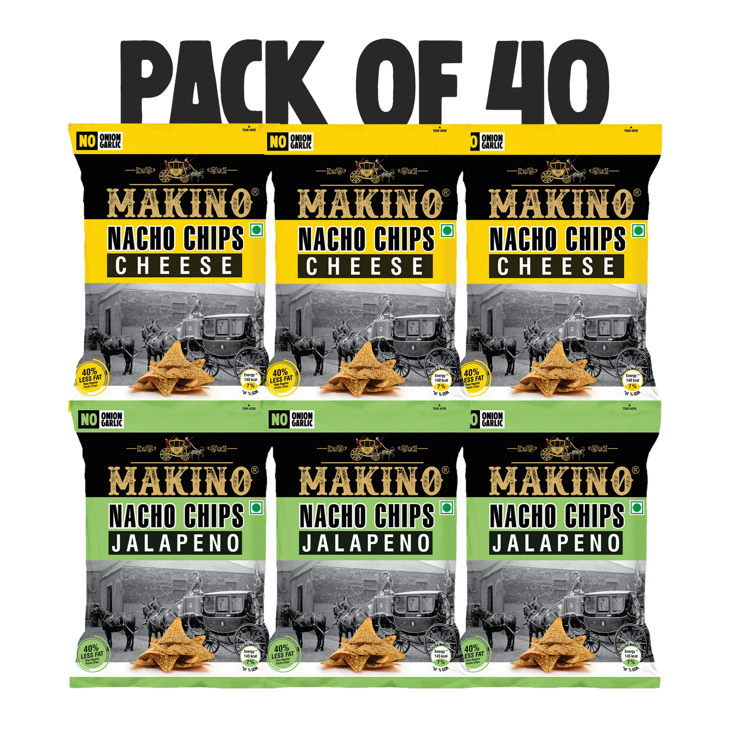 Makino Assorted No Onion No Garlic Nacho Chips 60 gm  | Pack of 120 pcs | Bulk Pack for Retail | Tortilla Chips