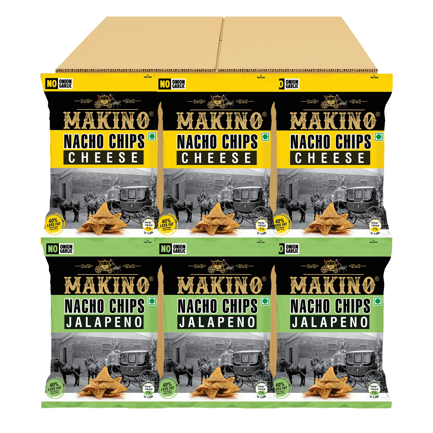 Makino Assorted No Onion No Garlic Nacho Chips 60 gm  | Pack of 120 pcs | Bulk Pack for Retail | Tortilla Chips