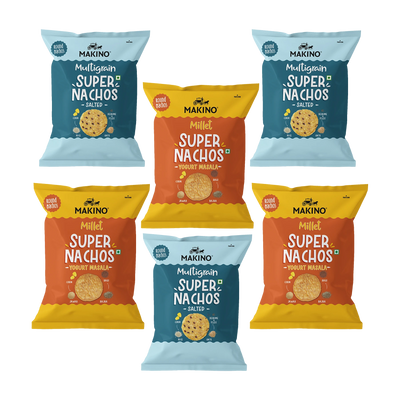 Makino Assorted Super Nachos (3 Multigrain Salted Super Nachos & 3 Millet Yogurt Masala Super Nachos) (Each 60 gm) (Pack of 6)