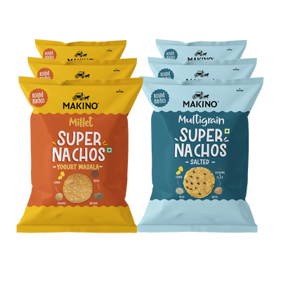 Makino Assorted Super Nachos (3 Multigrain Salted Super Nachos & 3 Millet Yogurt Masala Super Nachos) (Each 60 gm) (Pack of 6)