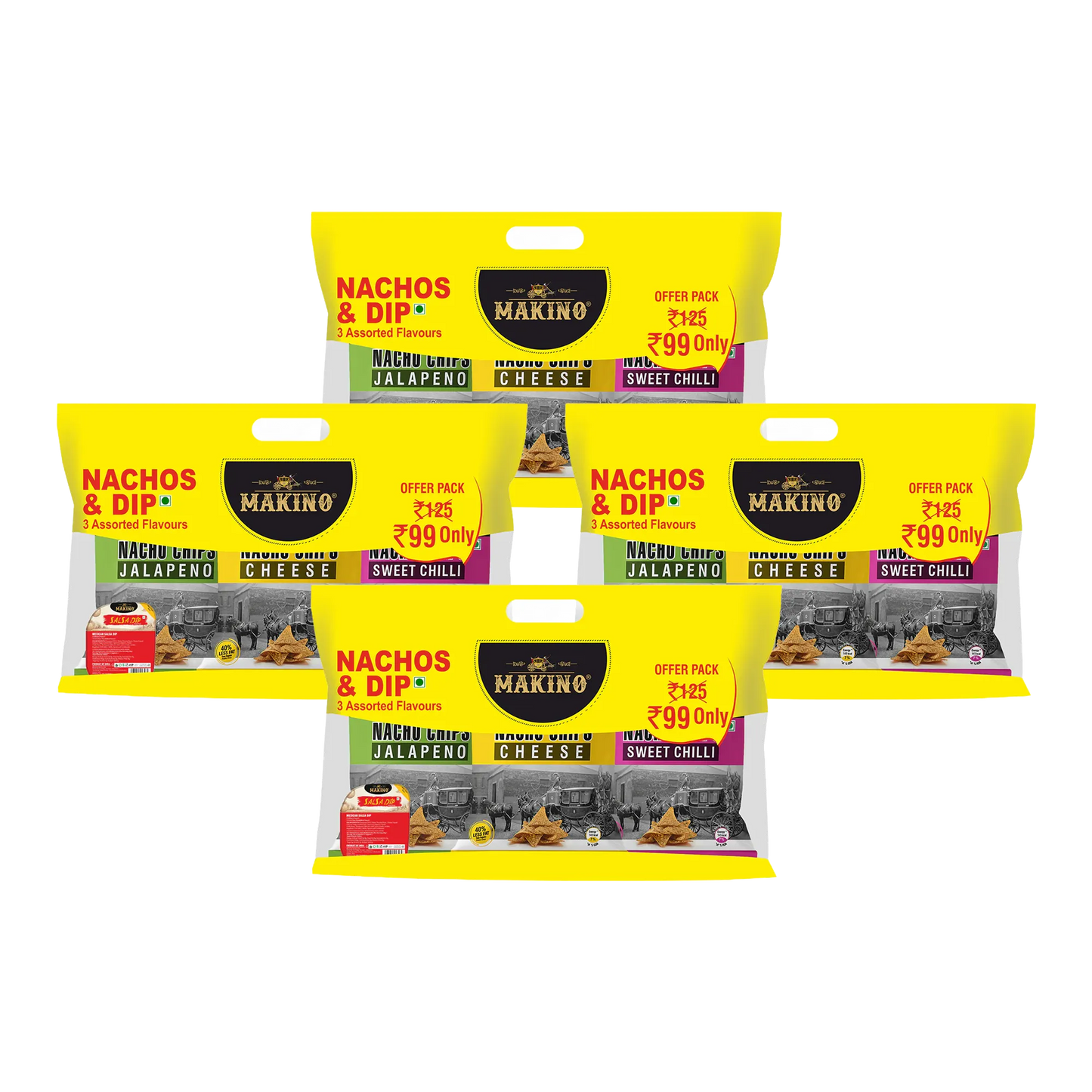 Makino Discounted Combo Bag with 3 Assorted Nachos & 1 Salsa Dip (Each 220 gm) (4 bags x 220 gm)