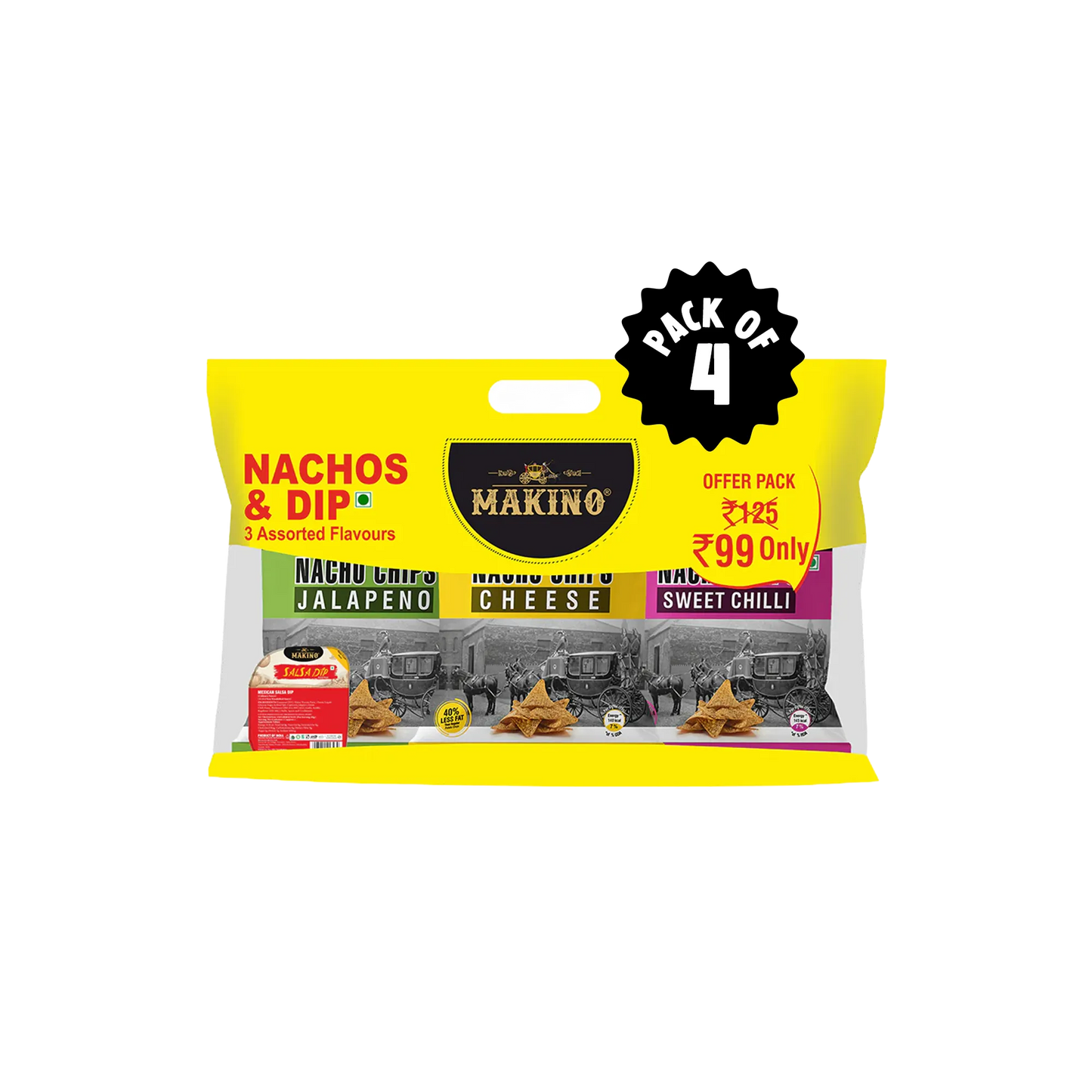 Makino Discounted Combo Bag with 3 Assorted Nachos & 1 Salsa Dip (Each 220 gm) (4 bags x 220 gm)