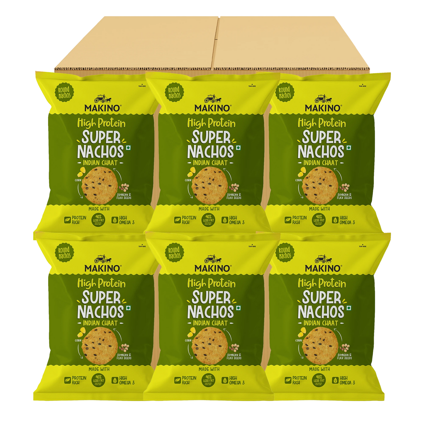 Makino High Protein Super Nachos Indian Chaat 60 gm | Pack of 120 pcs | Bulk Pack of Retail | Round Tortilla Chips
