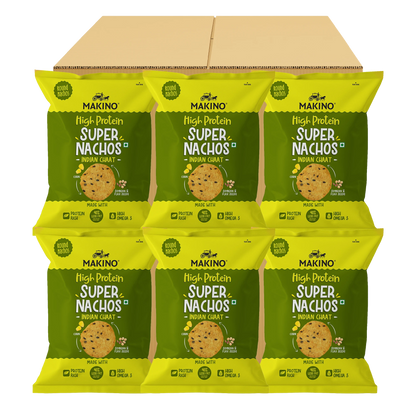 Makino High Protein Super Nachos Indian Chaat 60 gm | Pack of 120 pcs | Bulk Pack of Retail | Round Tortilla Chips