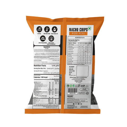 Information of Makino Peri-Peri Nachos Corn Chips Ingredients, Manufacturing, Nutrition facts and MRPs.