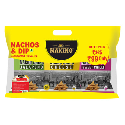 Makino Discounted Combo Bag with 3 Assorted Nachos & 1 Salsa Dip (Each 220 gm) (4 bags x 220 gm)