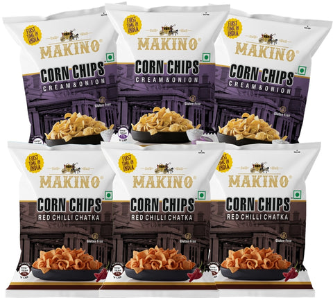 Makino Corn Chips Combo  A party pack snack combo consist of Cream & onion and Red Chilli Chatka Corn Chips 