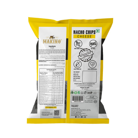Information of Makino Cheese Nachos Chips Ingredients, Manufacturing, Nutrition facts and MRPs.