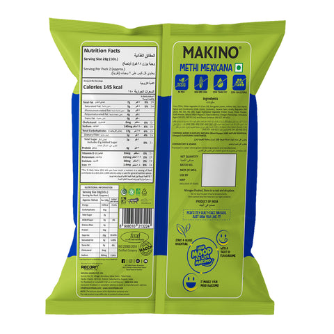 Information of Makino Methi Mexicana Super Nachos Chips Ingredients, About, Manufacturing details and Nutrition Facts