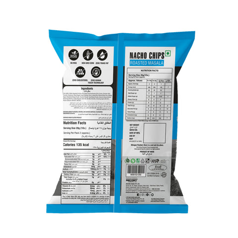 Information of Makino Roasted Masala Nachos corn Chips Ingredients, Manufacturing, Nutrition facts and MRPs.