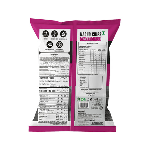 Information of Makino Sweet Chilli Nachos corn Chips Ingredients, Manufacturing, Nutrition facts and MRPs.